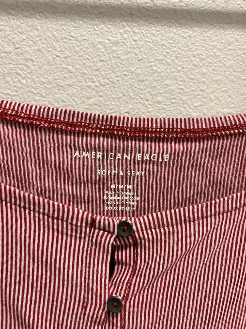 American Eagle Outfitters Red and White Striped Off-Shoulder Button Front Top - Picture 2 of 4